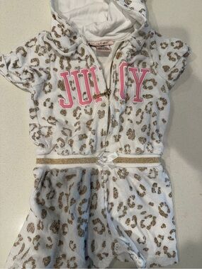 Juicy Couture White Hooded One-Piece with Gold Leopard and Pink Logo